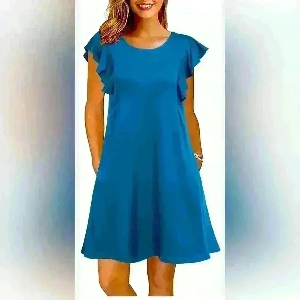 WOOSEA Women's Summer T Shirt Dress Size M/L Teal Ruffle Sleeve Swing Pockets